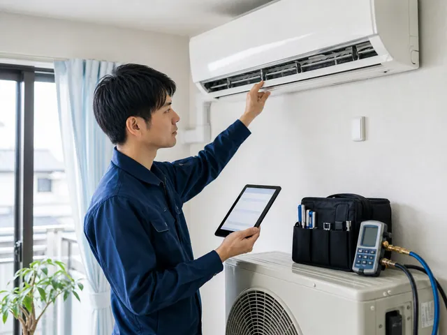 現地でエアコンの状態を確認するスタッフ