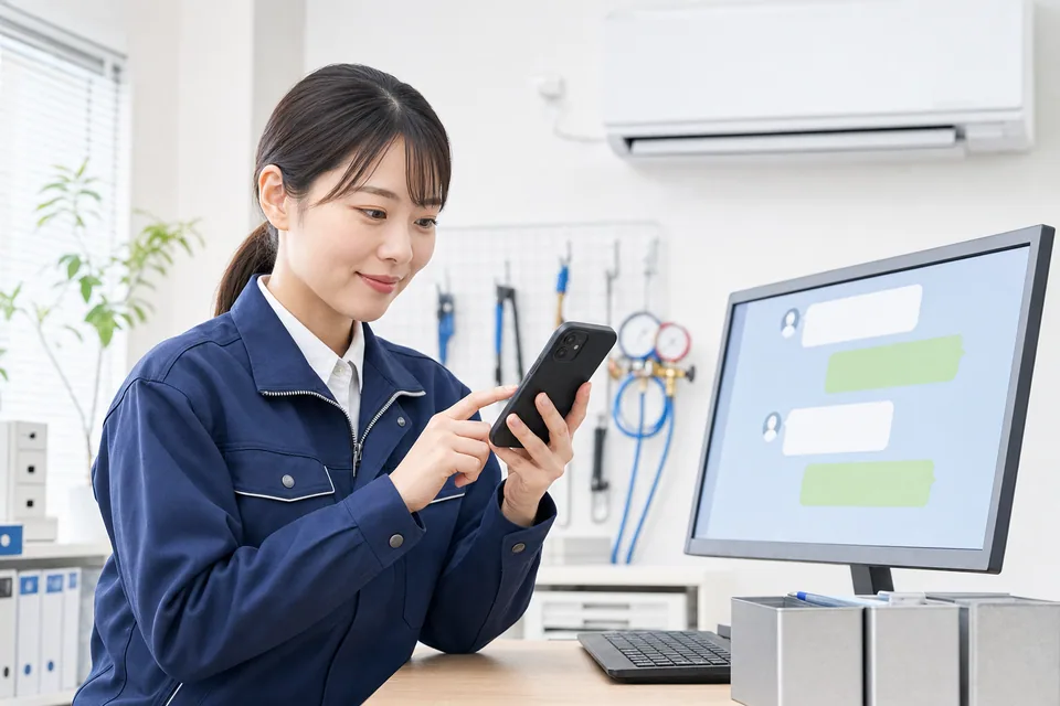 スマートフォンでLINE相談に対応する女性スタッフ