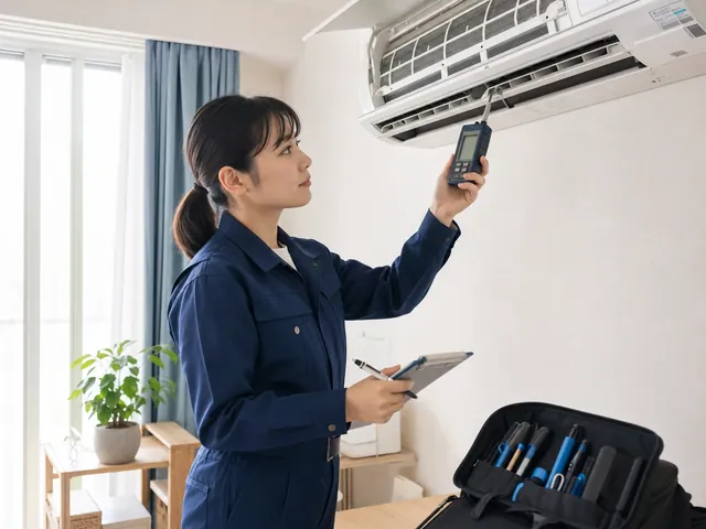 家庭用エアコンを丁寧に点検する女性スタッフ