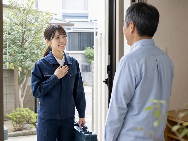 お客様宅を訪問して挨拶するエアコン修理スタッフ