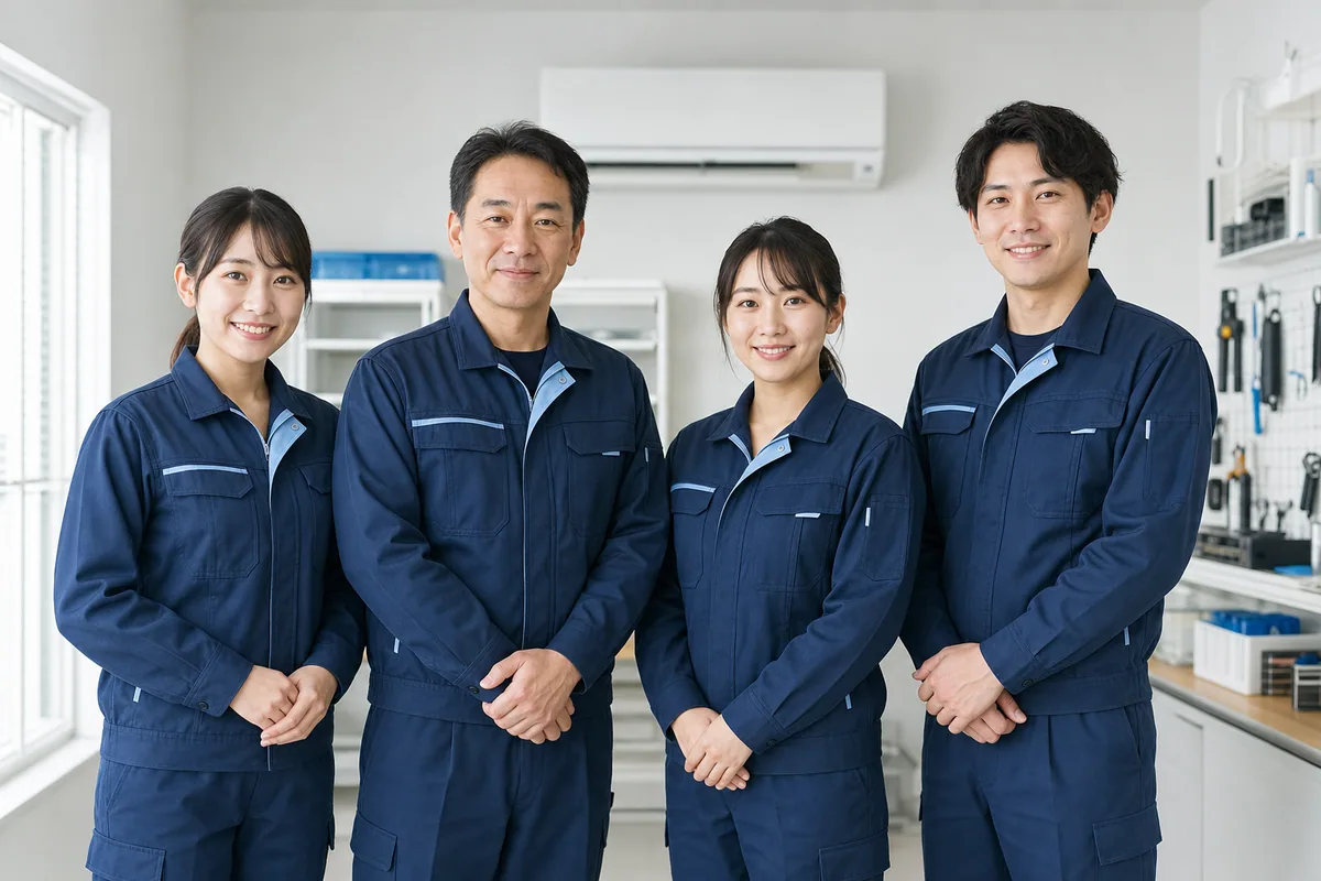 笑顔で並ぶエアコン修理スタッフ